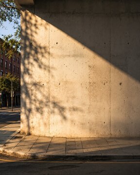 Sunlit concrete building corner with tree shadow on urban street corner