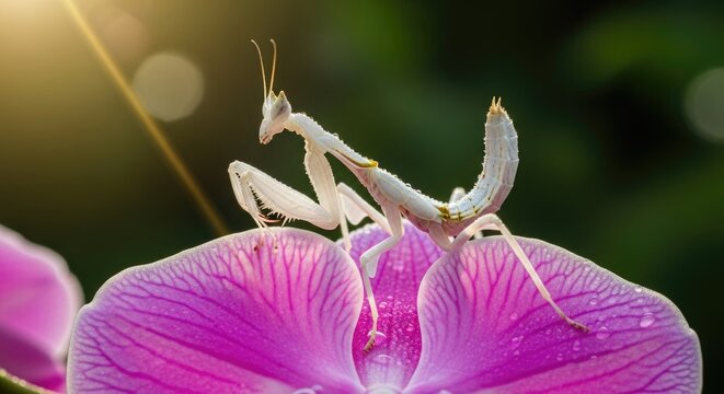 white praying mantis on pink flower petal, macro closeup with soft sunlight, shallow depth of field, delicate insect detail in natural garden setting