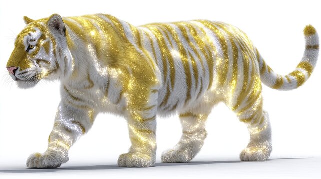 Golden Tiger Illustration: A majestic tiger with a striking white and gold patterned coat, adorned with shimmering particles, walks with powerful grace.
