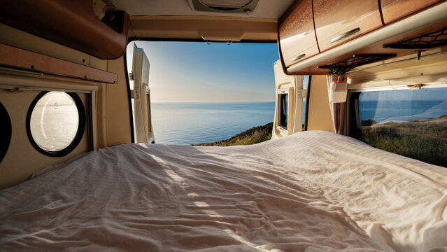 Breathtaking view from a cozy camper van overlooking the tranquil sea in Chalkidiki, Greece