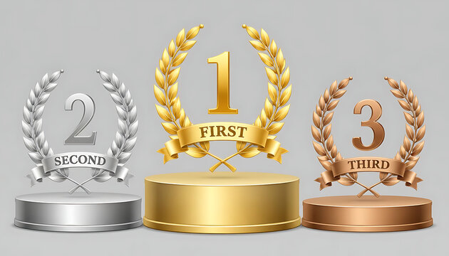 Gold, silver, and bronze laurel wreaths with numbers on podiums. Perfect for ranking and achievement awards.