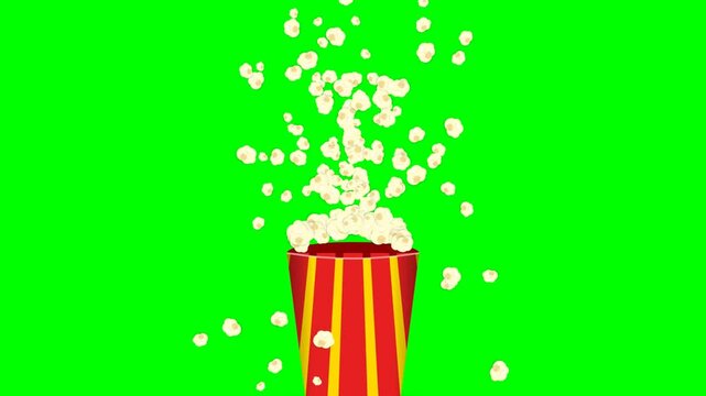 Animated popcorn popping out of a red and yellow striped bucket on a green screen.