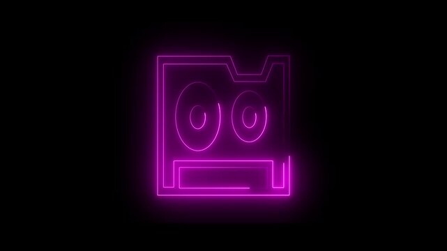 Pink Neon Outline Of A Stylized Robot Face With Round Eyes And A Rectangular Mouth On A Black Background