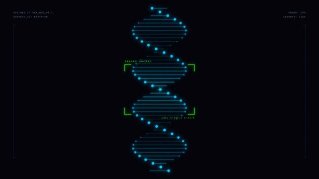 Futuristic digital interface displaying DNA genome analysis and mutation application.