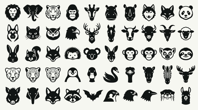 Minimalist vector animal heads icon set featuring diverse wildlife and pet faces in black and white
