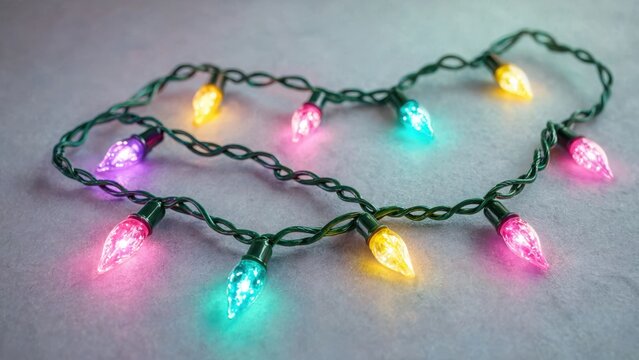 Multicolored led christmas lights on green twisted wire, soft glow against white background