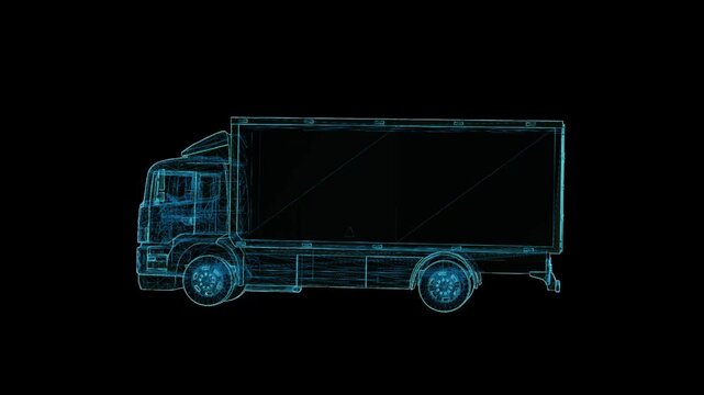Futuristic 360&deg; rotating HUD wireframe vehicle animation with glowing X-ray blueprint style. High-tech digital interface, seamless loop, perfect for AI, automotive, engineering, defense, and sci-fi pr