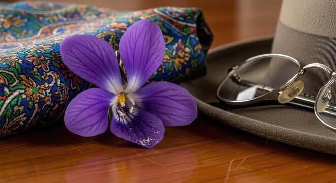 Delicate purple violet flower beside eyeglasses and patterned fabric on a wooden table, creating an elegant still life with natural and decorative elements