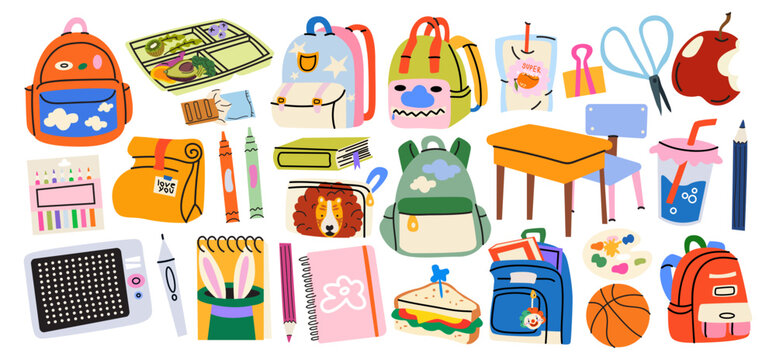 Big set of Back to school educational elements in retro cartoon style. Schoolbag, books, notebook, lunchbox, sandwich, snacks and stationery. Vector educational stickers collection