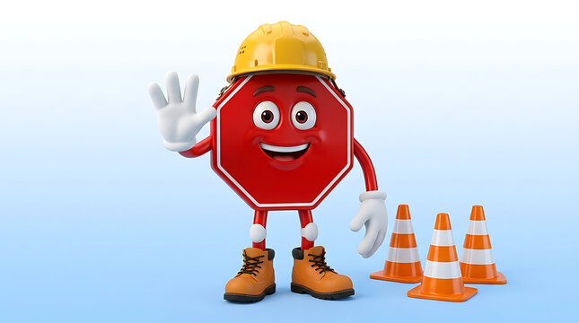 Cute 3D Stop Sign Character Wearing Yellow Hard Hat and Waving Near Traffic Cones