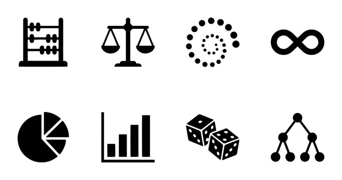 Abstract Math & Logic Icons: Abacus, Scales, Spiral, Infinity, Pie Chart, Bar Graph, Dice, Tree