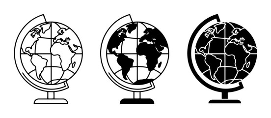 Fototapeta premium Three Globe Icons: Outline, Silhouette, and Inverted Black and White, Representing Global Concepts and Education
