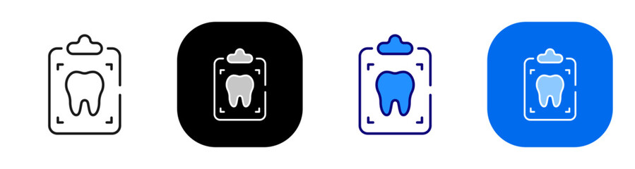 Fototapeta premium Dental clipboard with tooth representing oral health record and checkup form. Line, filled, black, color set. Editable stroke