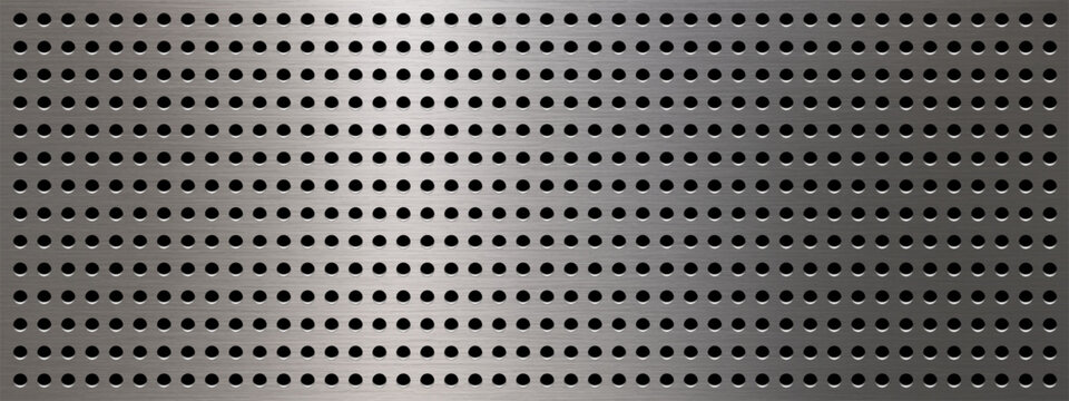 Realistic black metal texture featuring perforated steel plate and mesh pattern. Silver circle hole grate for industrial sheet abstract bg with geometric grid and tech bg.