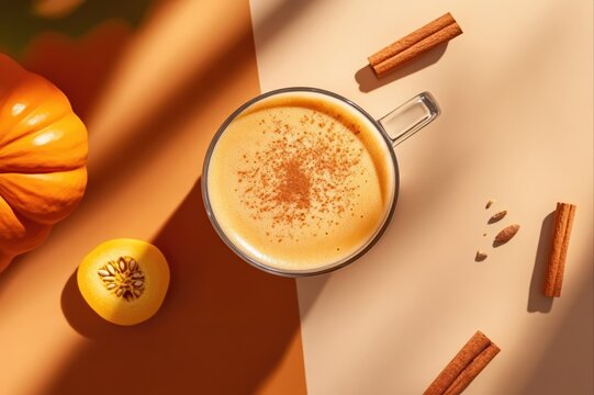 A rich and foamy pumpkin spice latte sits in a glass mug on a warm terracotta and ivory background. Surrounded by cinnamon sticks and pumpkin elements, it evokes cozy autumn vibes.