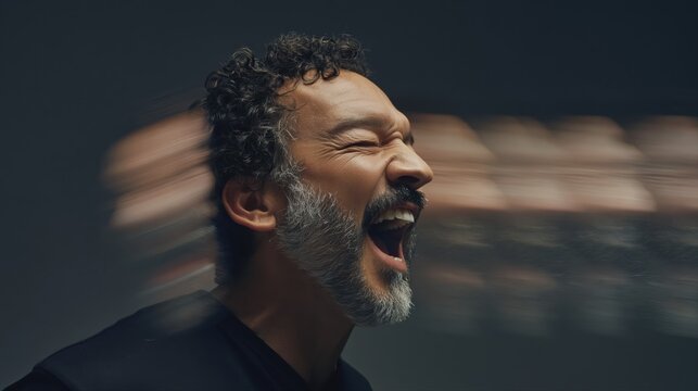 A man shouts in frustration as blurred ghostlike faces create a sense of chaos and inner turmoil. Dramatic lighting highlights this ultra realistic concept portrait.