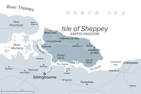 Isle of Sheppey, gray political map. Island off the coast of England, neighbouring the Thames. Over the time channels between Sheppey, Elmley and Harty silted up to form one contiguous island. Vector