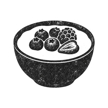 Smoothie bowl topped with berries and nuts in vintage illustration style  