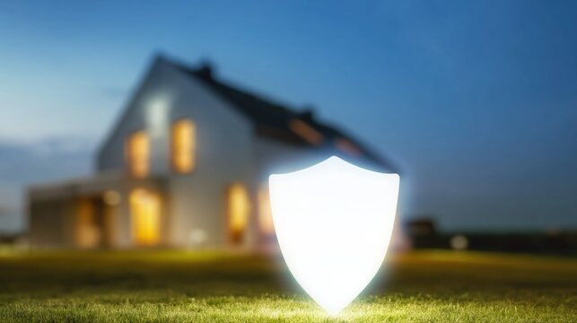 A glowing shield in front of a cozy house at dusk symbolizes home protection and insurance. Cinematic soft lighting conveys safety, security, and peace of mind.