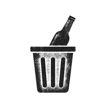 Empty beer bottle in a trash can, vector isolated illustration  