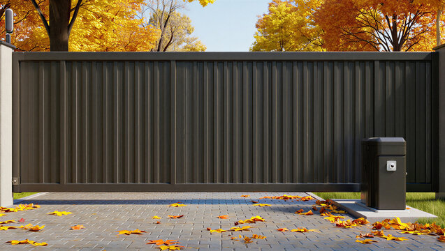 Automatic metal sliding gate with electronic opener in autumn residential garden, automatic