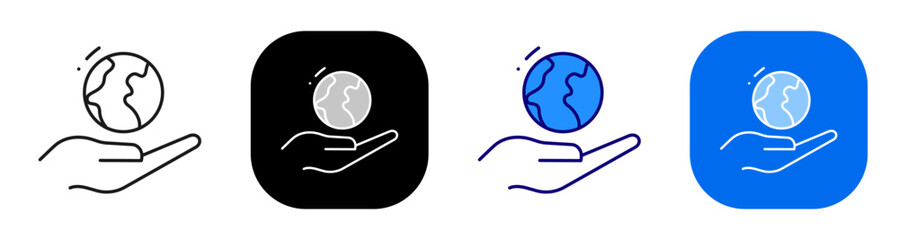 Obraz na płótnie Canvas Hand holding globe for planet care sustainability and environmental support. Line, filled, black, color set. Editable stroke