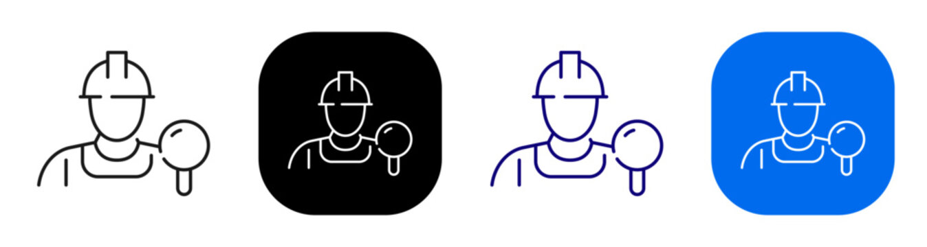 Worker with magnifier for construction job search and employee inspection. Line, filled, black, color set. Editable stroke