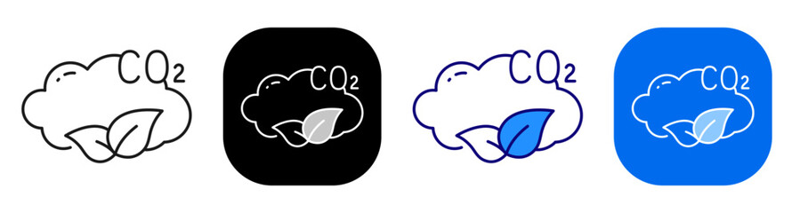 Fototapeta na wymiar CO2 cloud with leaf for carbon neutrality climate care and healthy environment. Line, filled, black, color set. Editable stroke
