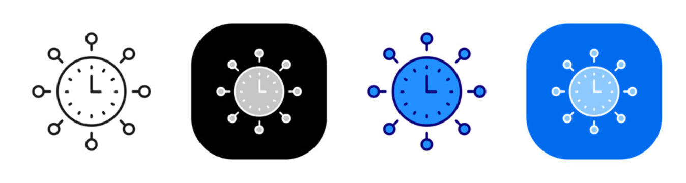 Clock linked to nodes representing schedule network and time coordination system. Line, filled, black, color set. Editable stroke