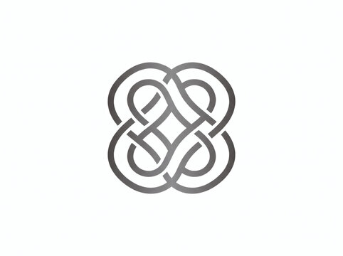 A sophisticated silver grey geometric knot emblem featuring interlocking lines, creating an elegant abstract logo suitable for luxury fashion, corporate, or jewelry brands.