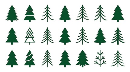 Obraz premium Minimal Christmas Tree Icons Set Collection | Modern Pine Tree Silhouettes and Outline Vector Designs
