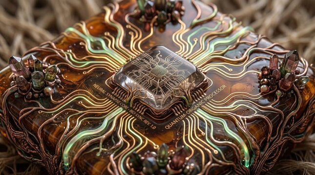 Futuristic quantum organic processor chip with bio sync neural synapse core and glowing amber crystal circuits