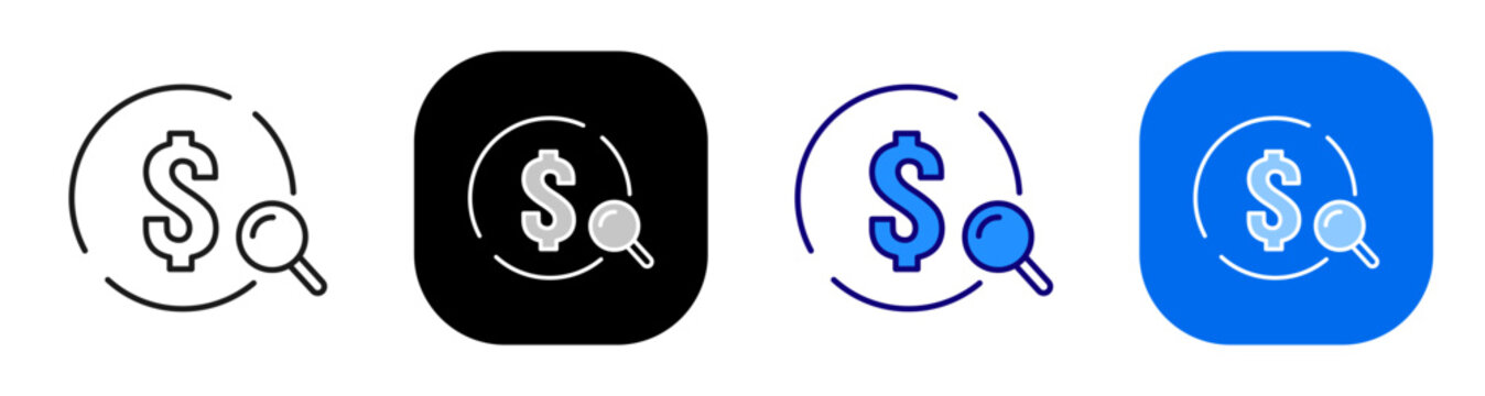 Dollar search magnifier representing financial research and money analysis. Line, filled, black, color set. Editable stroke