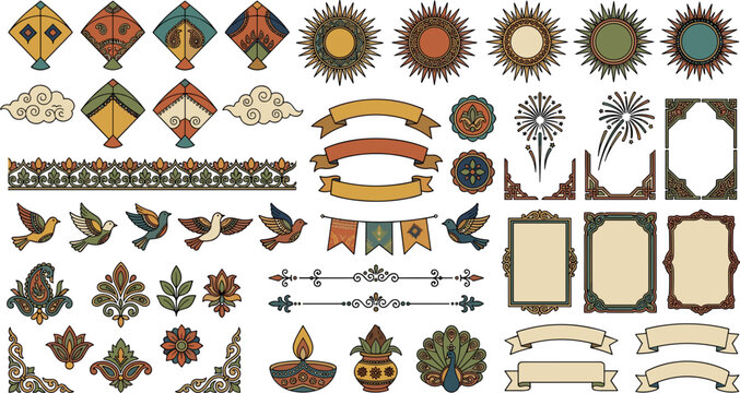 Traditional Indian festival vector element set featuring decorative kites diya oil lamp peacock frames borders ribbons and ornate pattern