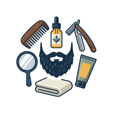 Comprehensive grooming concept for men's facial hair, showcasing an array of essential tools and care products to achieve a perfectly styled and healthy beard look