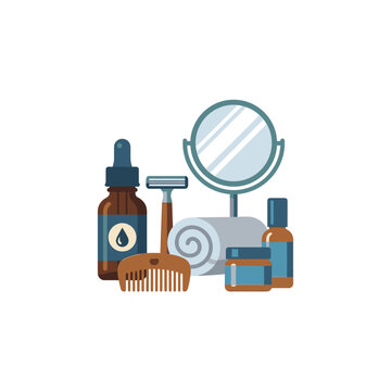 Men grooming and barber shop care items vector illustration, including razor, comb, mirror, and oils