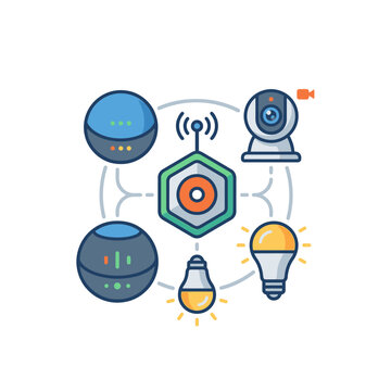 Connected Home Automation Network Featuring Smart Hub Centralized Control and Wireless Integrated Devices Illustration