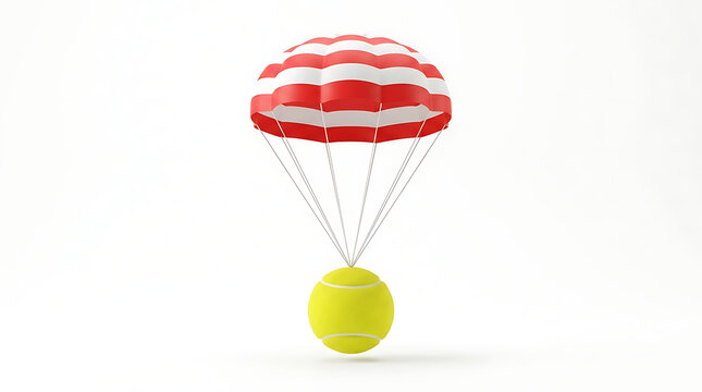 Yellow tennis ball flying with red and white parachute concept graphic on white background