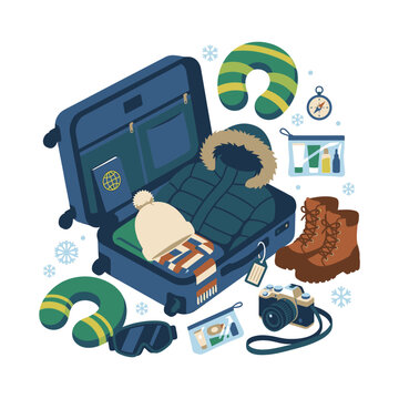 Winter travel packing set with suitcase, jacket, boots, and accessories for cold weather vacation isometric illustration