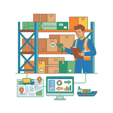 Warehouse worker scanning package boxes on shelves with supply chain tracking dashboard map and cargo shipping delivery vector illustration