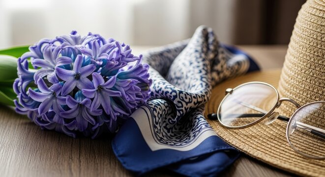 purple flower, glasses, hat and scarf on wooden table