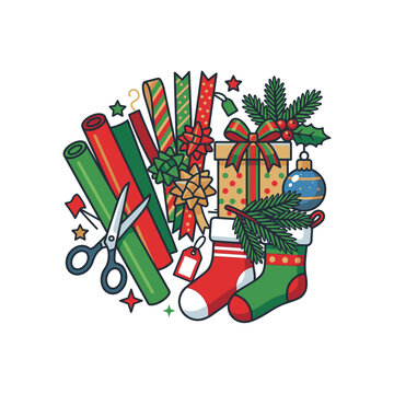 Colorful Christmas gift wrapping set with scissors, ribbons, wrapping paper, festive stockings and a gift box on a white background