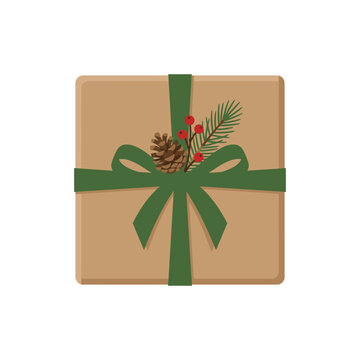 Elegant holiday gift box featuring rustic kraft paper, a green ribbon, bow, pinecone, fir branches, and red berries, perfect for Christmas and festive occasions