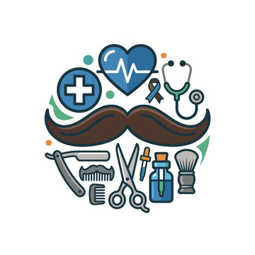 Movember health concept with mustache, medical symbols, and grooming tools in a round composition