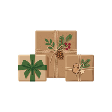 Set of Christmas gift boxes wrapped in craft paper with green ribbon twine pine twigs and pinecones vector illustration