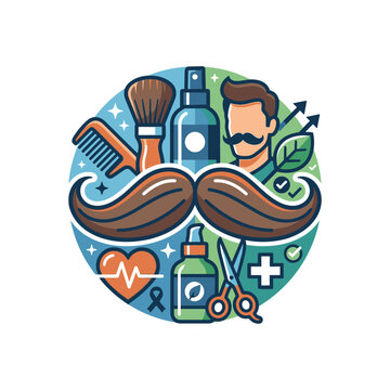 Modern barber shop and men's health icon set featuring mustache grooming tools heart rate and medical symbols in a circular design