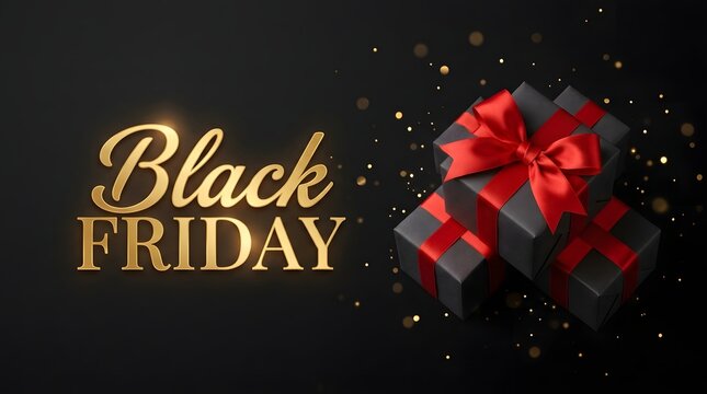 Elegant black friday sale banner with golden text and red gift boxes on dark background