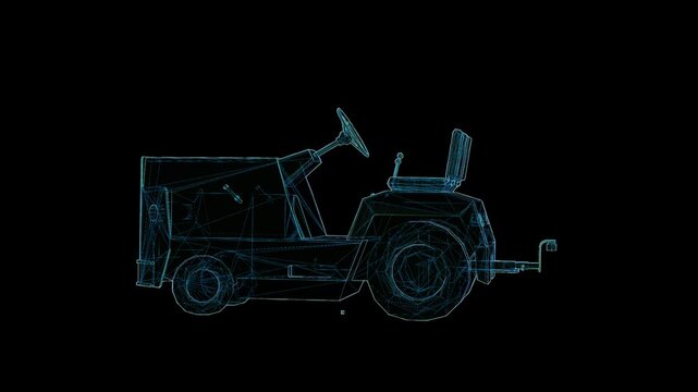 Futuristic 360&deg; rotating HUD wireframe vehicle animation with glowing X-ray blueprint style. High-tech digital interface, seamless loop, perfect for AI, automotive, engineering, defense, and sci-fi pr