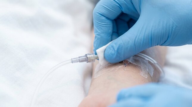 Sanitized Fingertips Approaching an Intravenous Line Connection Point &ndash; Close-Up Detail, Hospital Hand Hygiene & Infection Control Concept