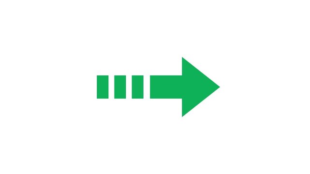 Green arrow pointing right with dashed line tail icon isolated on white background